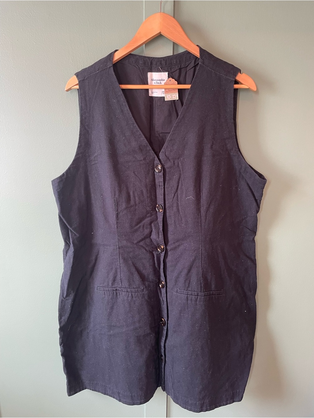 Abercrombie Black Linen-Blend Button Front Sleeveless Dress Vest